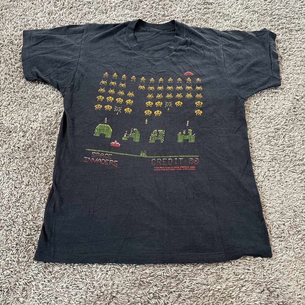 Vintage‎ 1980s Space Invaders Game Promo Graphic Black Tee T Shirt size S Small